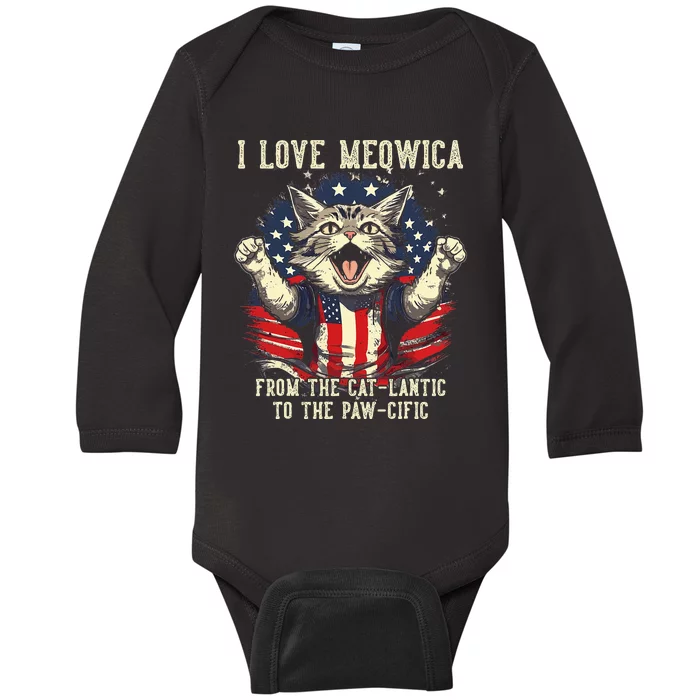 Cat Lover I Love Meowica Patriotic Funny Happy Cat Baby Long Sleeve Bodysuit