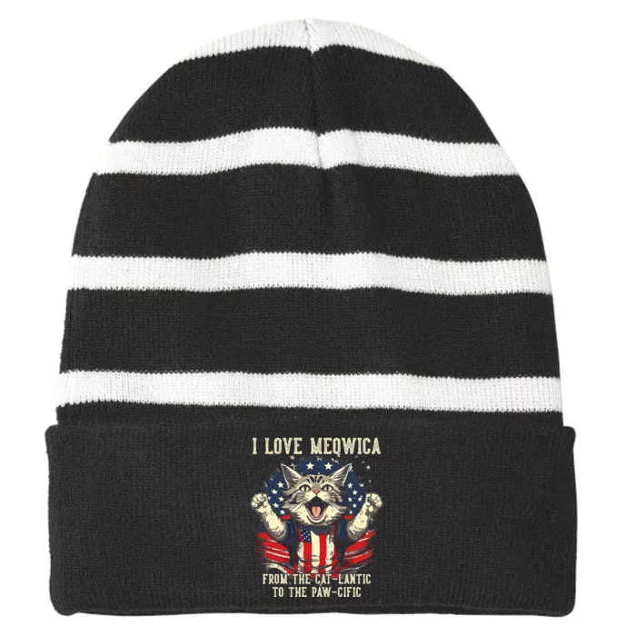 Cat Lover I Love Meowica Patriotic Funny Happy Cat Striped Beanie with Solid Band