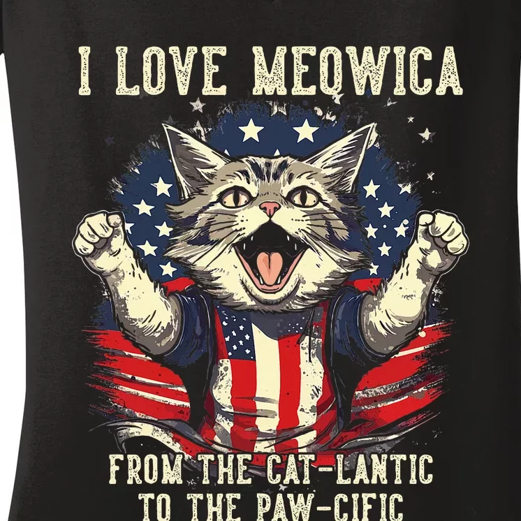 Cat Lover I Love Meowica Patriotic Funny Happy Cat Women's V-Neck T-Shirt