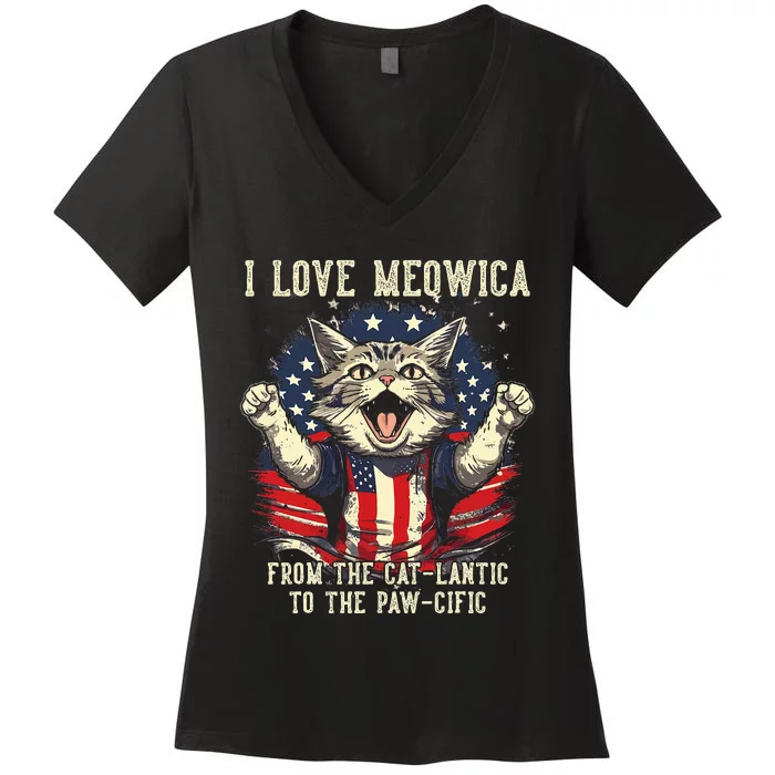 Cat Lover I Love Meowica Patriotic Funny Happy Cat Women's V-Neck T-Shirt