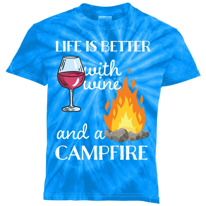 Camping Life Is Better With Wine And Campfire Cool Gift Kids Tie-Dye T-Shirt