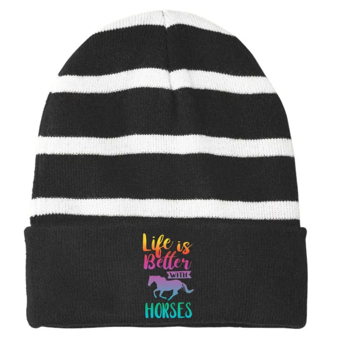 Cute Life Is Better With Horses Horseback Riding Striped Beanie with Solid Band