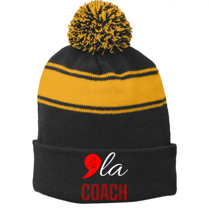 Comma La Kamala Harris Tim Walz Coach 2024 La Comma Stripe Pom Pom Beanie