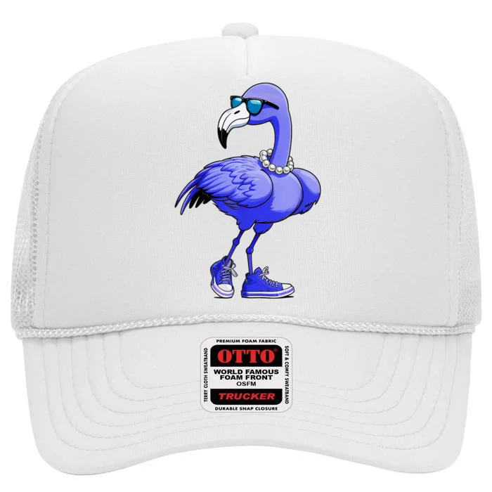 Comma La Kamala Harris 2024 Cute Blue Flamingo Pearls Gift High Crown Mesh Trucker Hat