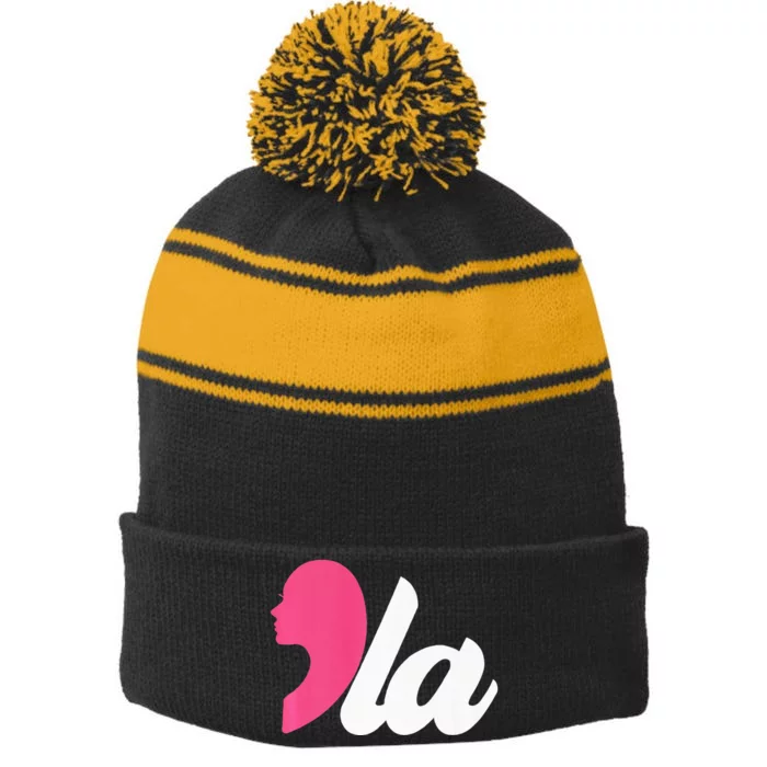 Comma La Kamala Harris Premium Stripe Pom Pom Beanie