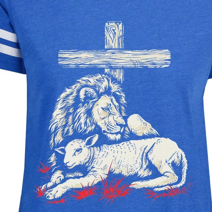 Christianity Lion Lamb Christian Cross Enza Ladies Jersey Football T-Shirt