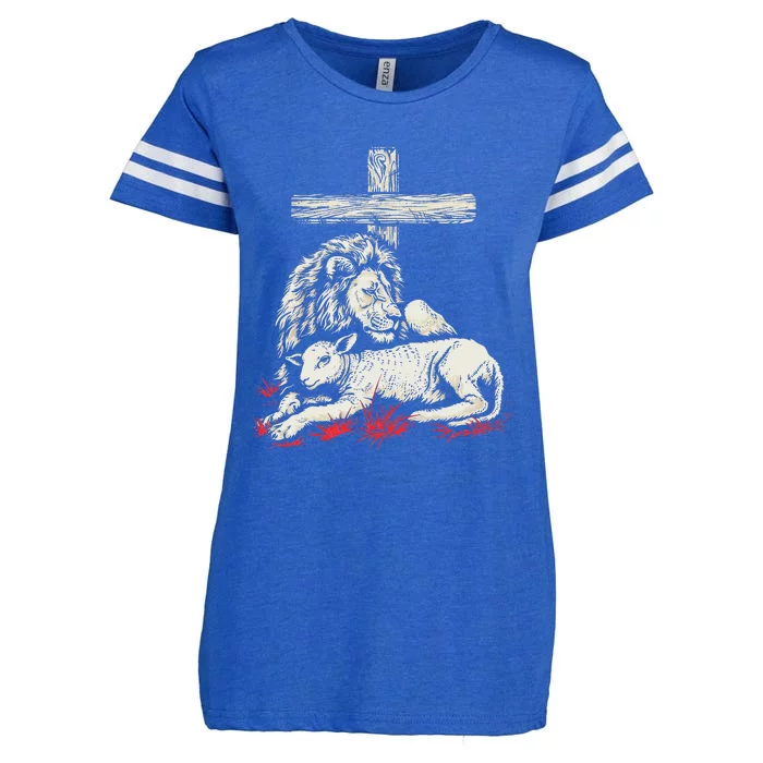 Christianity Lion Lamb Christian Cross Enza Ladies Jersey Football T-Shirt