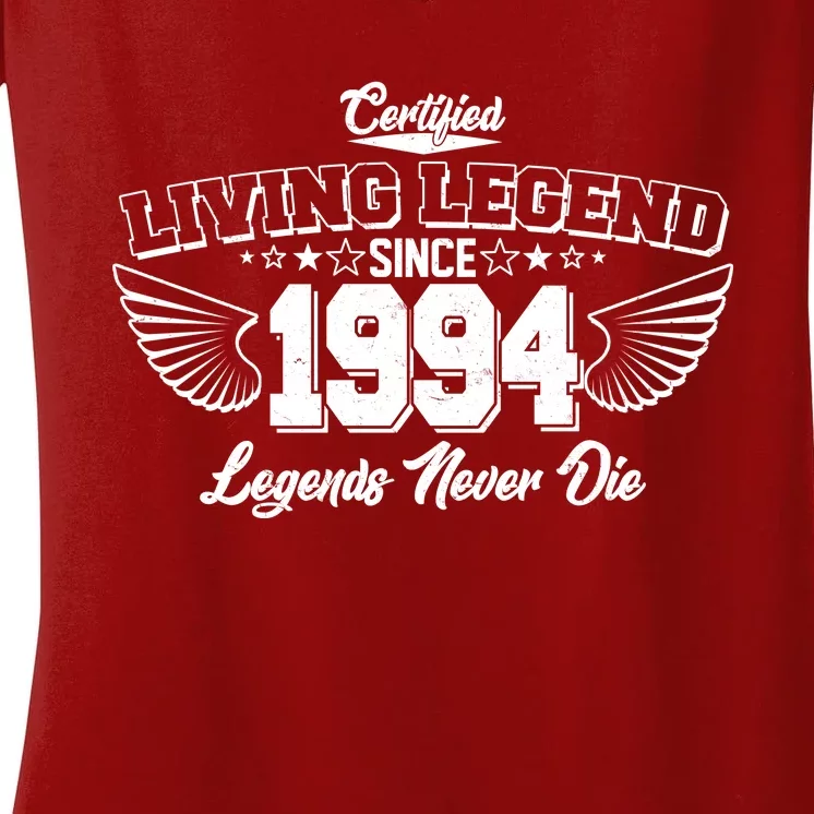 Certified Living Legend Since 1994 Legends Never Die 30th Birthday Wings Women's V-Neck T-Shirt