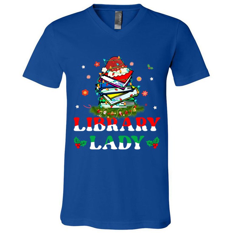 Christmas Library Lady Librarian Xmas Lights Books Gift V-Neck T-Shirt