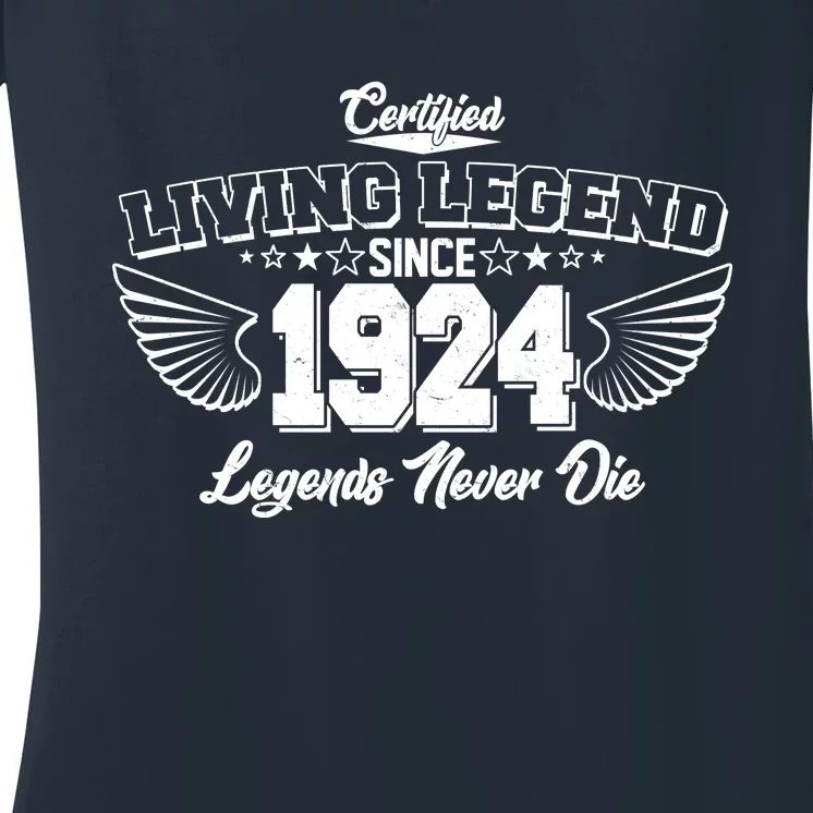 Certified Living Legend Since 1924 Legends Never Die 100th Birthday Wings Women's V-Neck T-Shirt