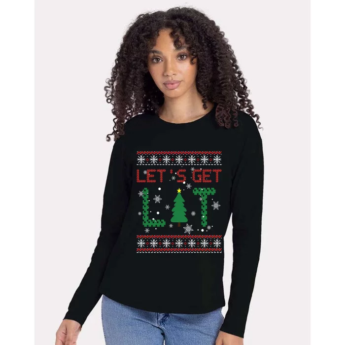 Christmas Lights Let's Get Lit Funny Gift Ugly Christmas Sweaters Cute Gift Womens Cotton Relaxed Long Sleeve T-Shirt