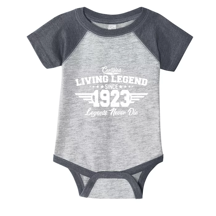 Certified Living Legend Since 1923 Legends Never Die 100th Birthday Infant Baby Jersey Bodysuit