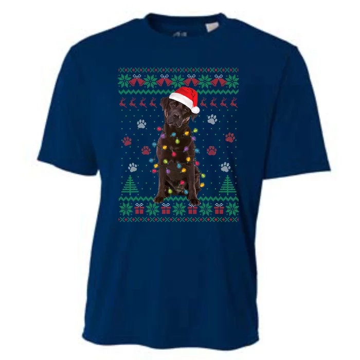 Chocolate Lab Labrador Christmas Lights Dog Ugly Sweater Cooling Performance Crew T-Shirt