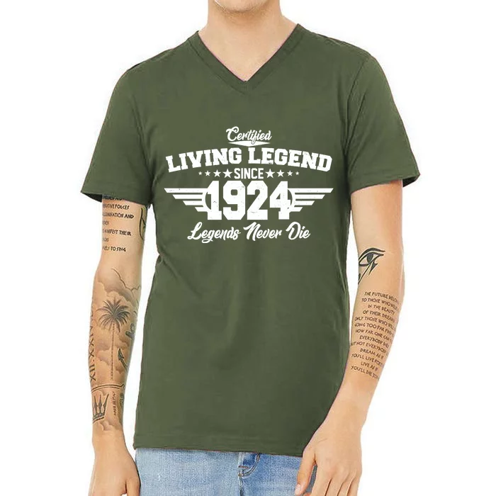 Certified Living Legend Since 1924 Legends Never Die 100th Birthday V-Neck T-Shirt