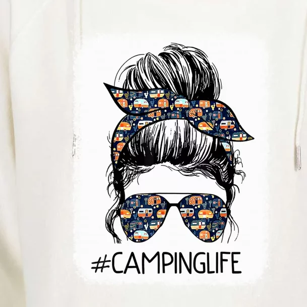 Camping Life Messy Bun Hair Mother's Day Camping Lovers Great Gift Womens Funnel Neck Pullover Hood