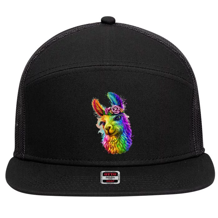 Cute Llama Mom For Llama Lovers Colorful Art Llama 7 Panel Mesh Trucker Snapback Hat