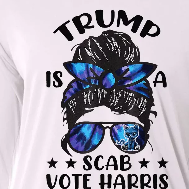 Cat Ladies Messy Bun Funny Trump Is A Scab Vote Harris Cooling Performance Long Sleeve Crew