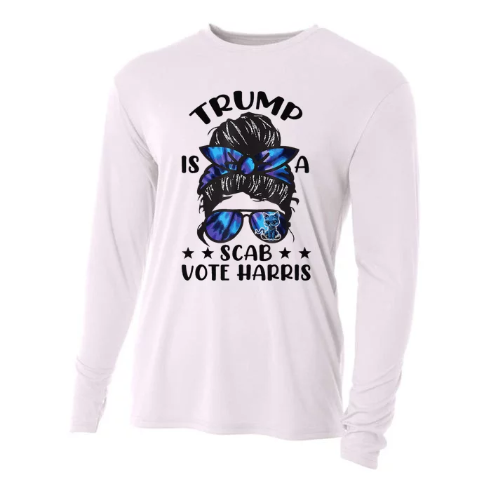 Cat Ladies Messy Bun Funny Trump Is A Scab Vote Harris Cooling Performance Long Sleeve Crew