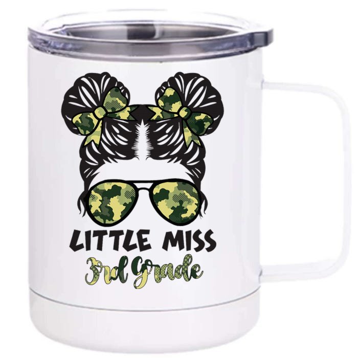 Camo Little Miss 3rd Third Grade Messy Bun Hair Tie Bow Front & Back 12oz Stainless Steel Tumbler Cup