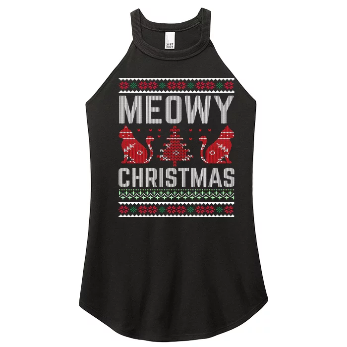 Cat Lovers Meowy Christmas Ugly Sweater Graphic Cool Xmas Trendy Women’s Perfect Tri Rocker Tank