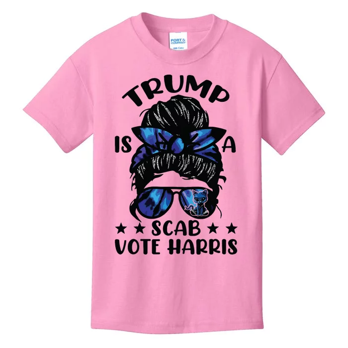 Cat Ladies Messy Bun Funny Trump Is A Scab Vote Harris Kids T-Shirt