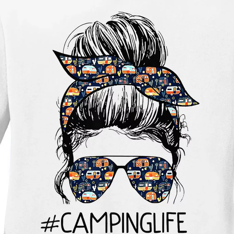 Camping Life Messy Bun Hair Mother's Day Camping Lovers Ladies Long Sleeve Shirt