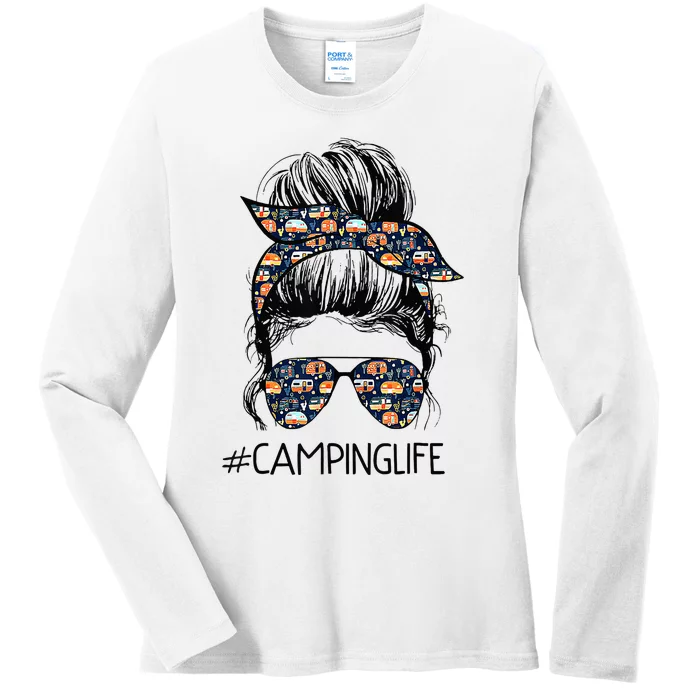 Camping Life Messy Bun Hair Mother's Day Camping Lovers Ladies Long Sleeve Shirt