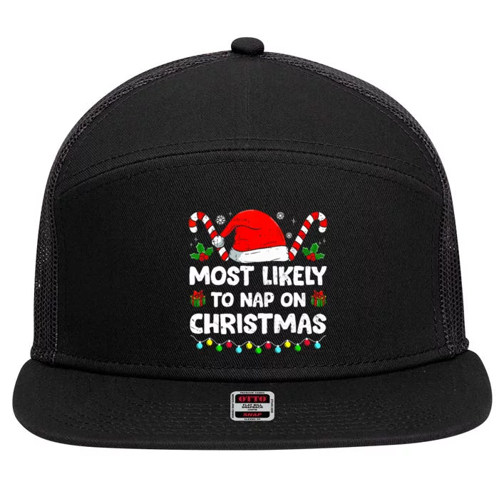 Christmas Likely Nap On Christmas Family Xmas Pajamas Pj 7 Panel Mesh Trucker Snapback Hat