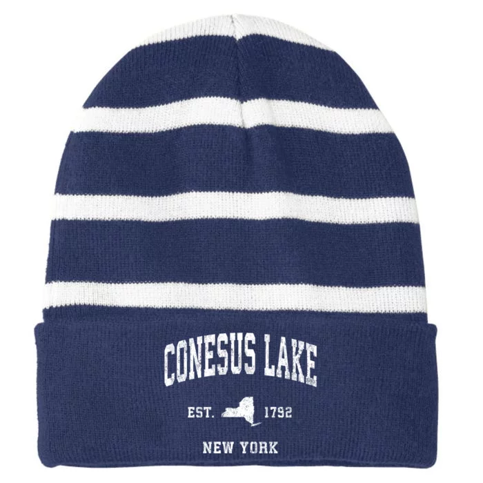 Conesus Lake New York Ny Vintage Athletic Striped Beanie with Solid Band