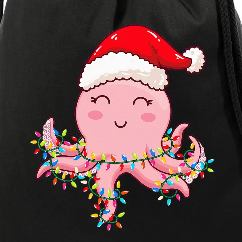 Christmas Lights Octopus Wearing Xmas Hat Cute Octopus Lover Drawstring Bag