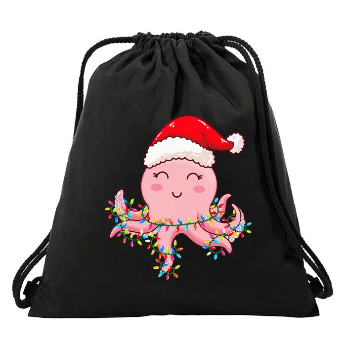 Christmas Lights Octopus Wearing Xmas Hat Cute Octopus Lover Drawstring Bag