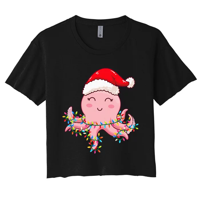 Christmas Lights Octopus Wearing Xmas Hat Cute Octopus Lover Women's Crop Top Tee