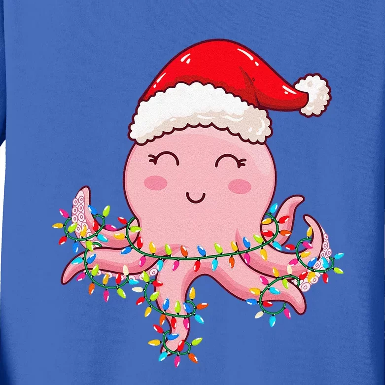 Christmas Lights Octopus Wearing Xmas Hat Cute Octopus Lover Kids Long Sleeve Shirt