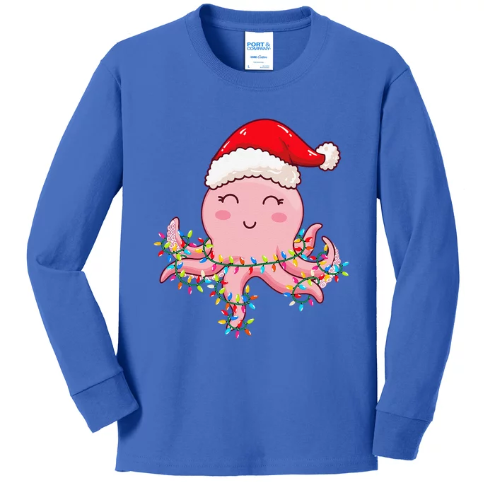 Christmas Lights Octopus Wearing Xmas Hat Cute Octopus Lover Kids Long Sleeve Shirt