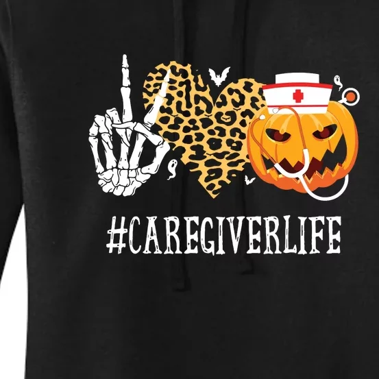 Caregiver Life Peace Love Skeleton Fall Pumpkin Leopard Halloween Women's Pullover Hoodie