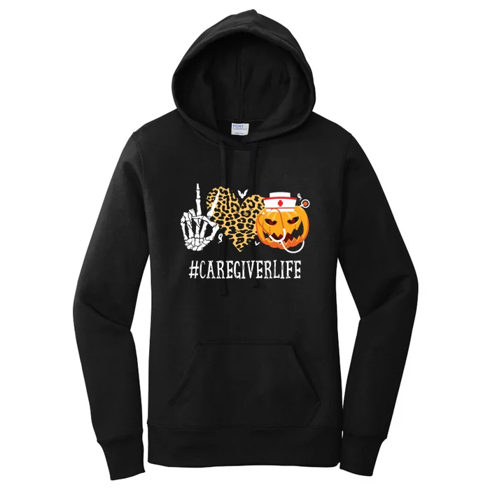 Caregiver Life Peace Love Skeleton Fall Pumpkin Leopard Halloween Women's Pullover Hoodie