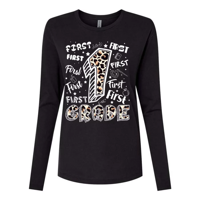 Cute Leopard Print First Grade Typography Word Art Womens Cotton Relaxed Long Sleeve T-Shirt