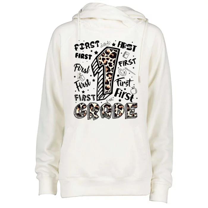 Cute Leopard Print First Grade Typography Word Art Womens Funnel Neck Pullover Hood