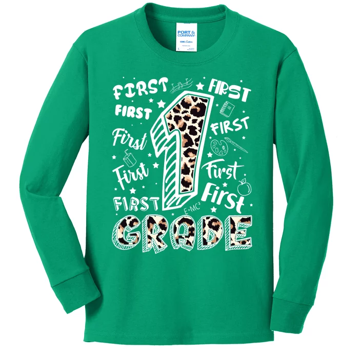 Cute Leopard Print First Grade Typography Word Art Kids Long Sleeve Shirt