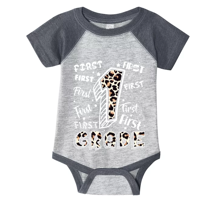 Cute Leopard Print First Grade Typography Word Art Infant Baby Jersey Bodysuit