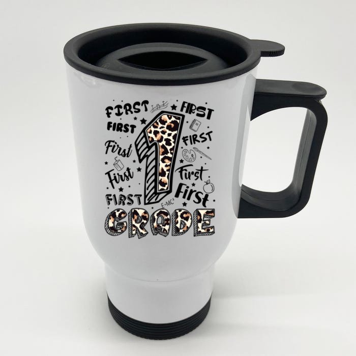 Cute Leopard Print First Grade Typography Word Art Front & Back Stainless Steel Travel Mug