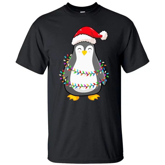 Christmas Lights Penguin Wearing Xmas Hat Penguin Lover Tall T-Shirt