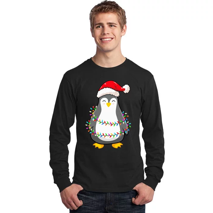 Christmas Lights Penguin Wearing Xmas Hat Penguin Lover Tall Long Sleeve T-Shirt