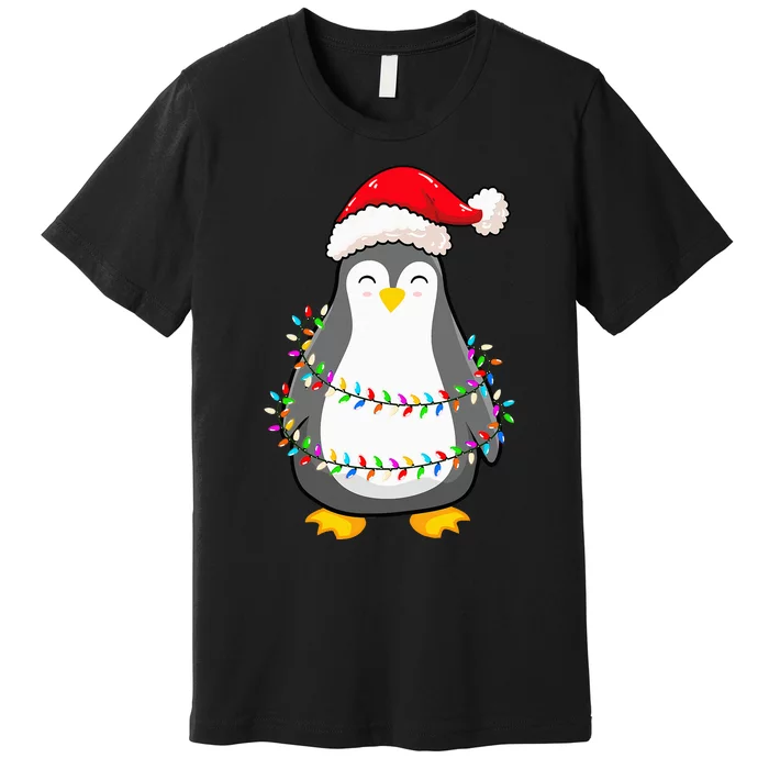 Christmas Lights Penguin Wearing Xmas Hat Penguin Lover Premium T-Shirt