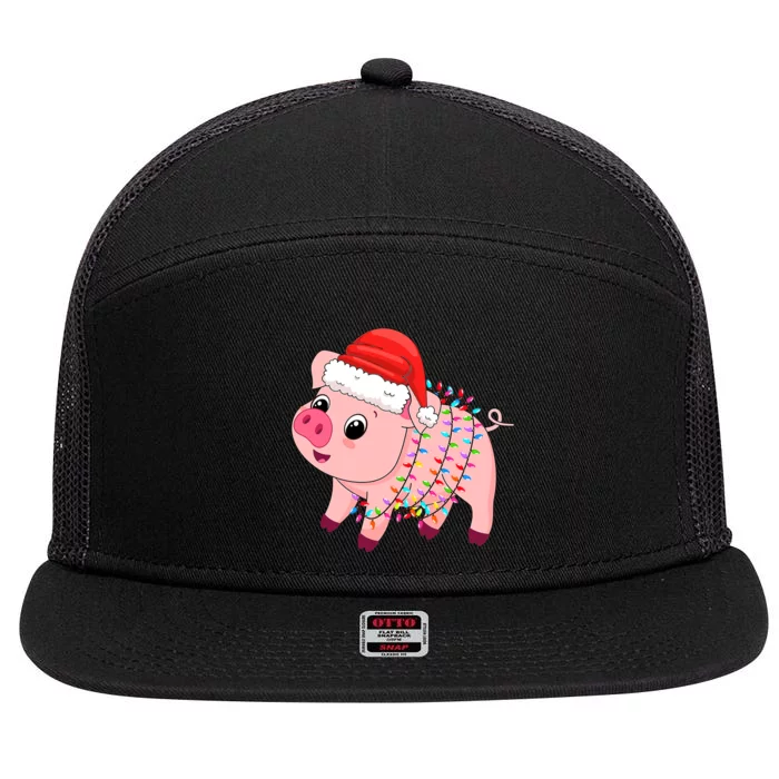 Christmas Lights Pig Wearing Xmas Hat - Pig Lover Farmer 7 Panel Mesh Trucker Snapback Hat