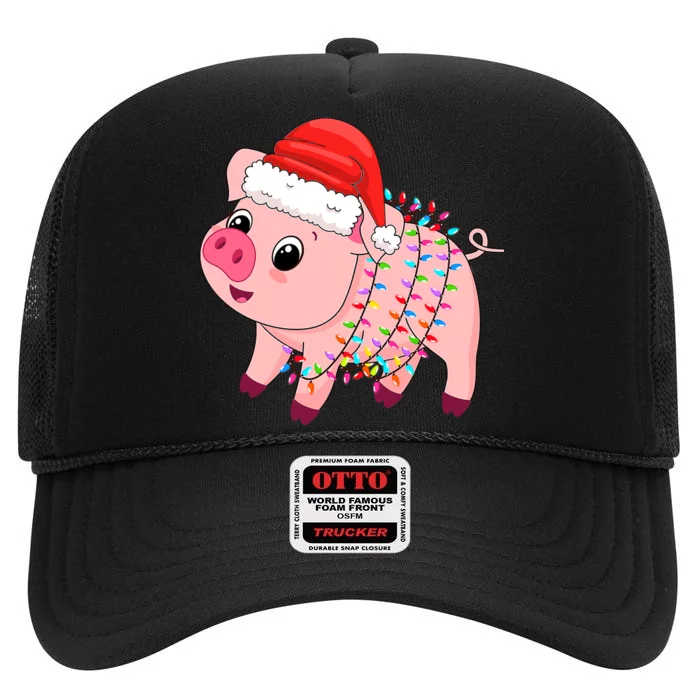 Christmas Lights Pig Wearing Xmas Hat - Pig Lover Farmer High Crown Mesh Trucker Hat