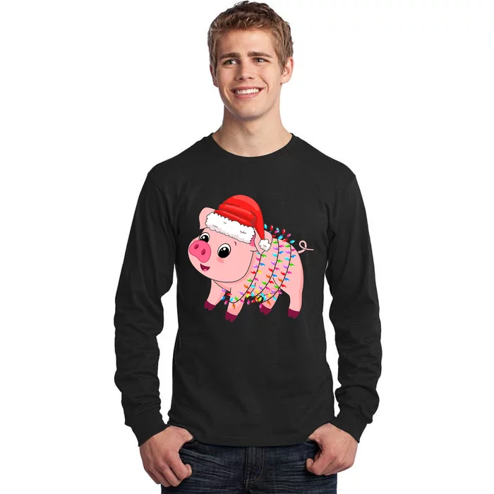 Christmas Lights Pig Wearing Xmas Hat - Pig Lover Farmer Tall Long Sleeve T-Shirt