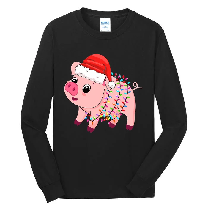 Christmas Lights Pig Wearing Xmas Hat - Pig Lover Farmer Tall Long Sleeve T-Shirt