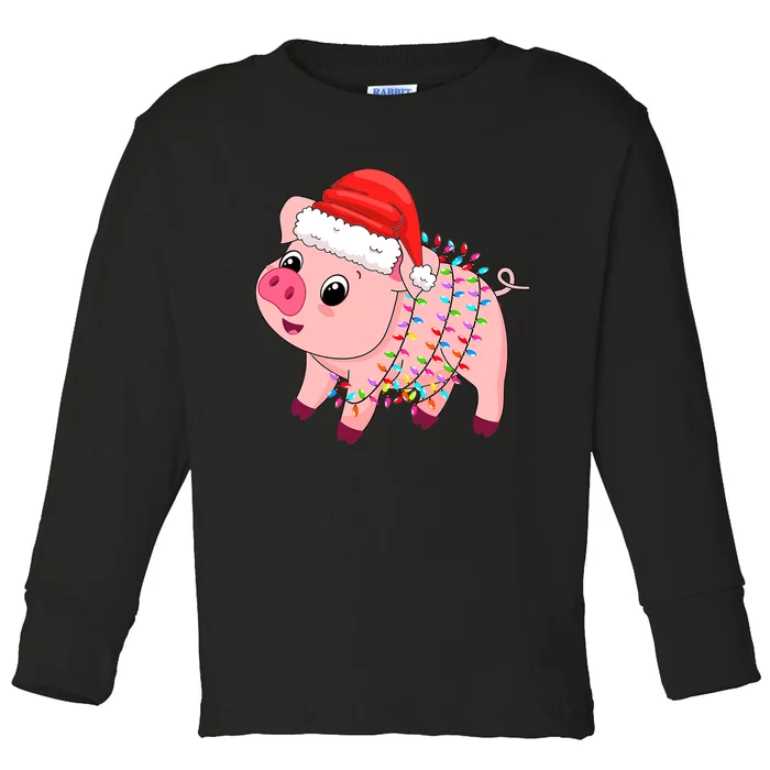 Christmas Lights Pig Wearing Xmas Hat - Pig Lover Farmer Toddler Long Sleeve Shirt