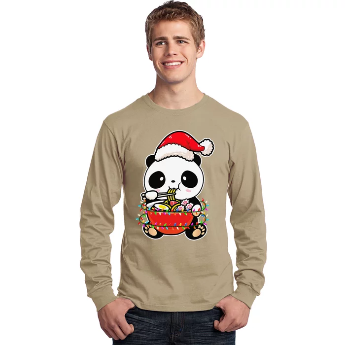 Christmas Lights Panda Wearing Xmas Hat Kawaii Panda Lover Long Sleeve Shirt